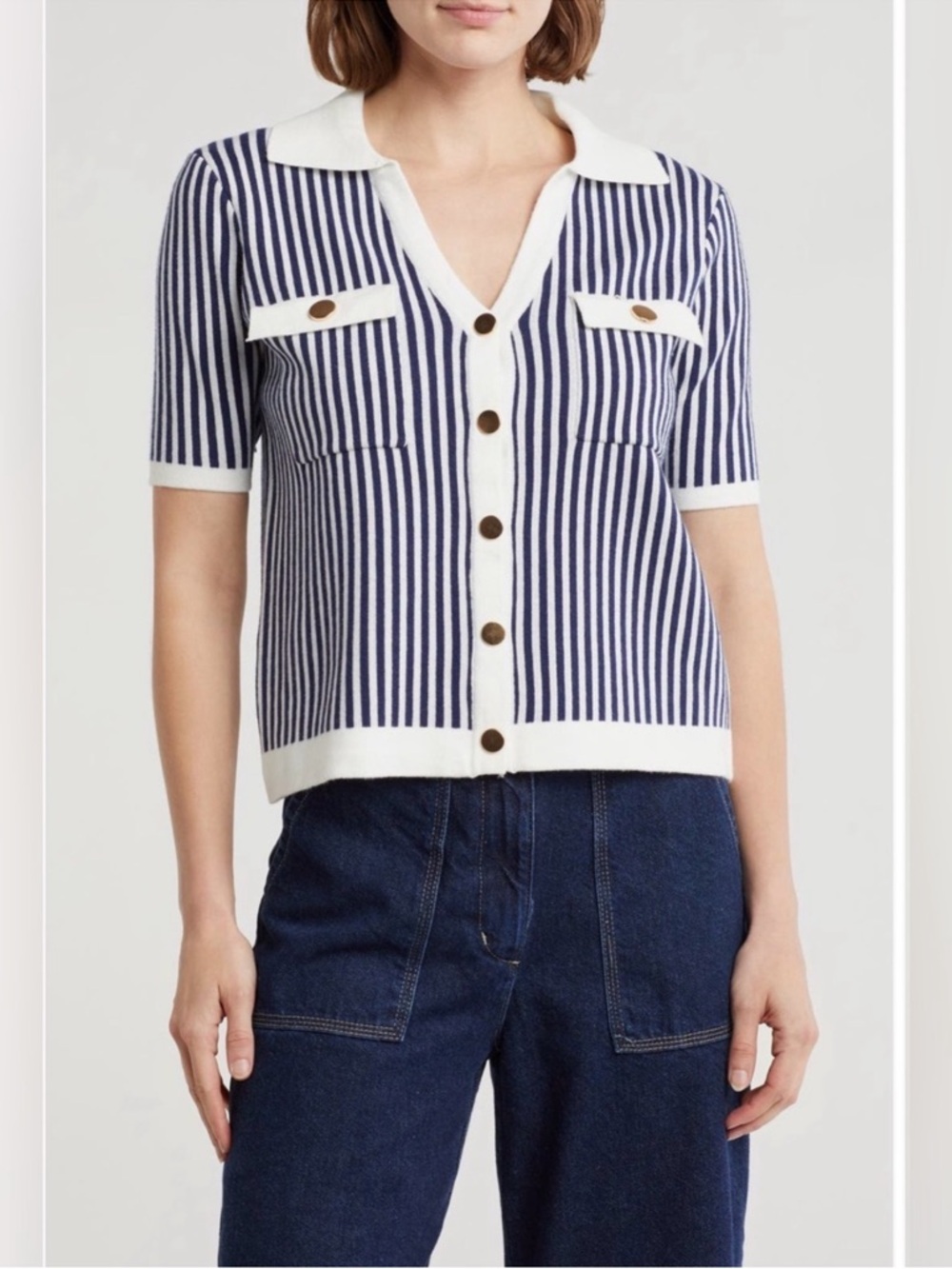 NWT Industry Navy and White Striped Collared Knit Polo Shirt Cardigan Womens XL